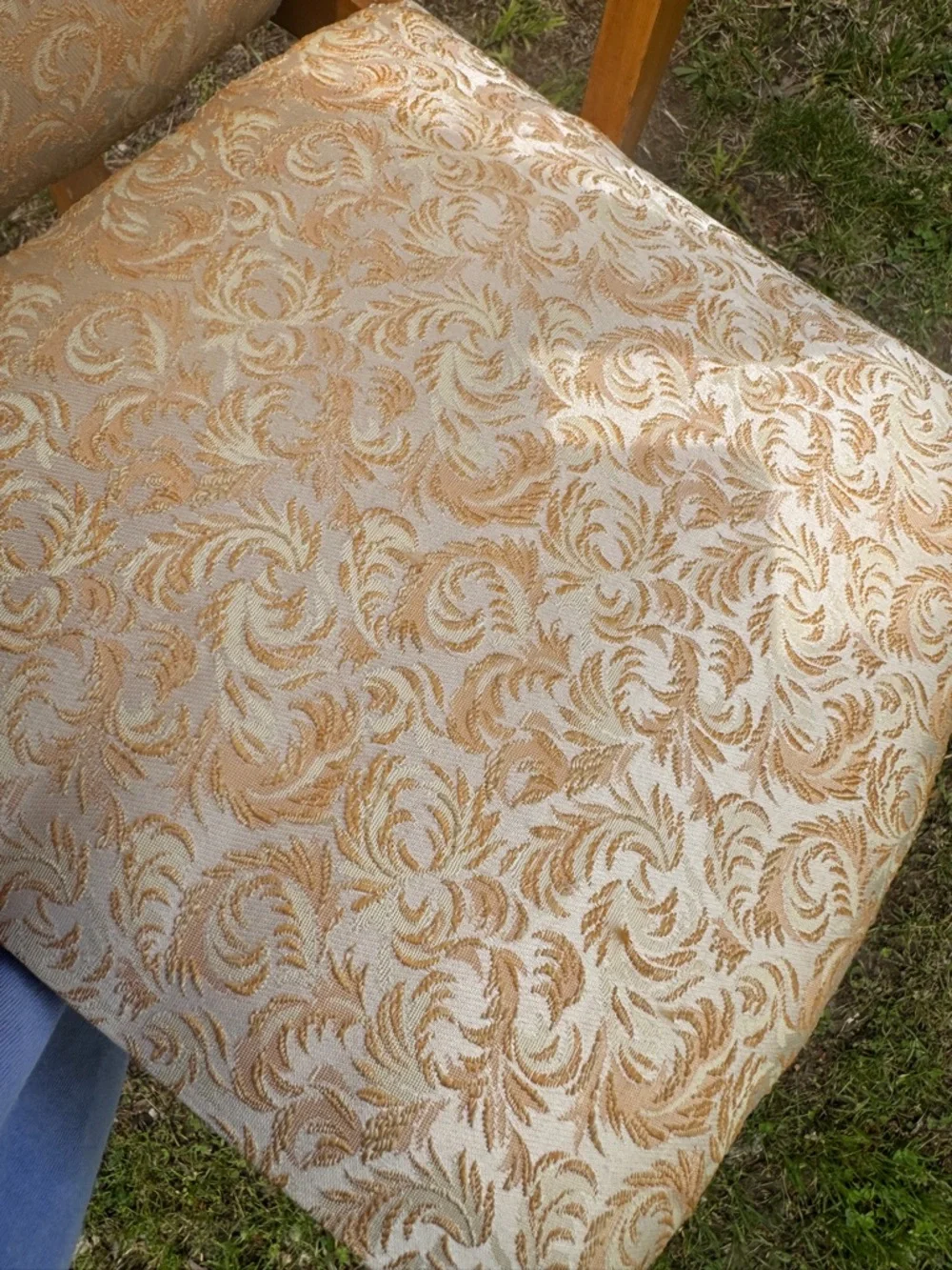 Children’s Vtg Handmade Rocking Chair in Cream Swirl Fabric 23”x23”x16”